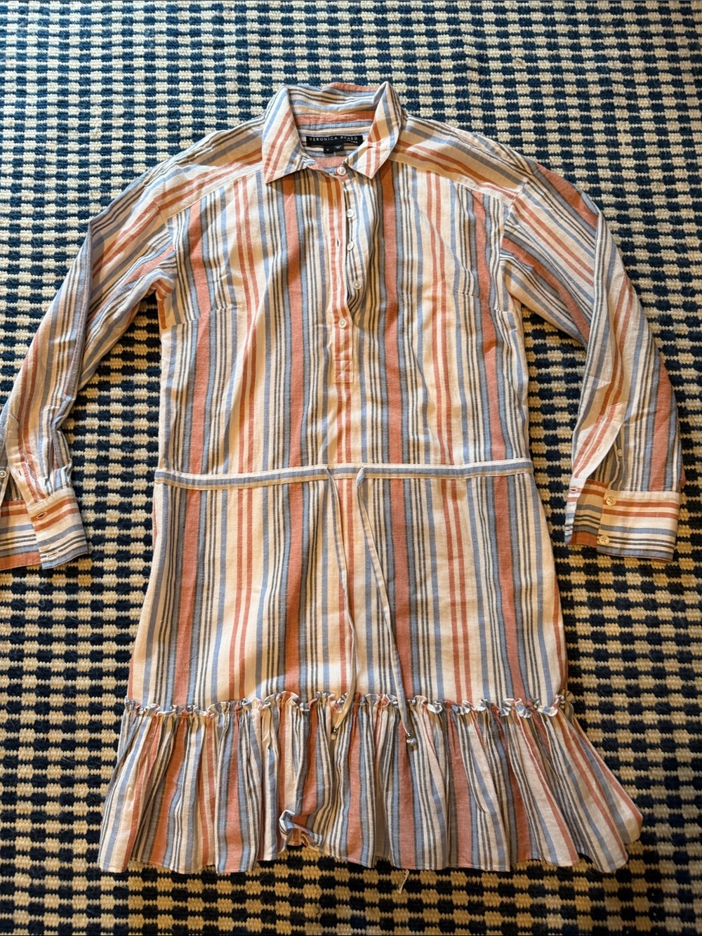 Veronica Beard Striped Button-Front Shirt Dress in Rust, Blue & Cream M